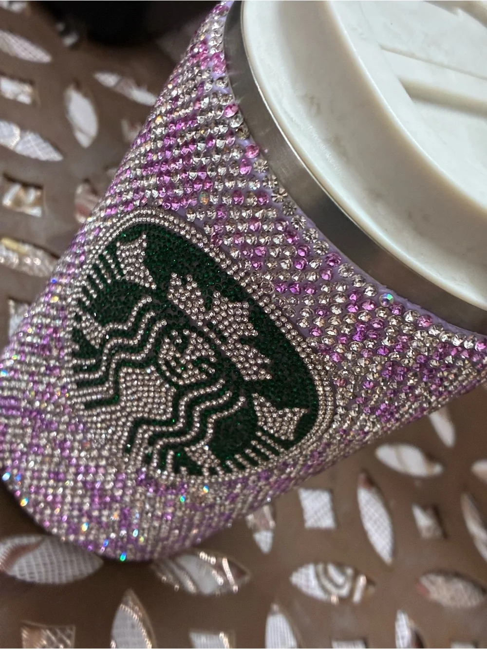 Ideal !Sparkling purple white Rhinestone crystal temp temp check Travel Tumbler